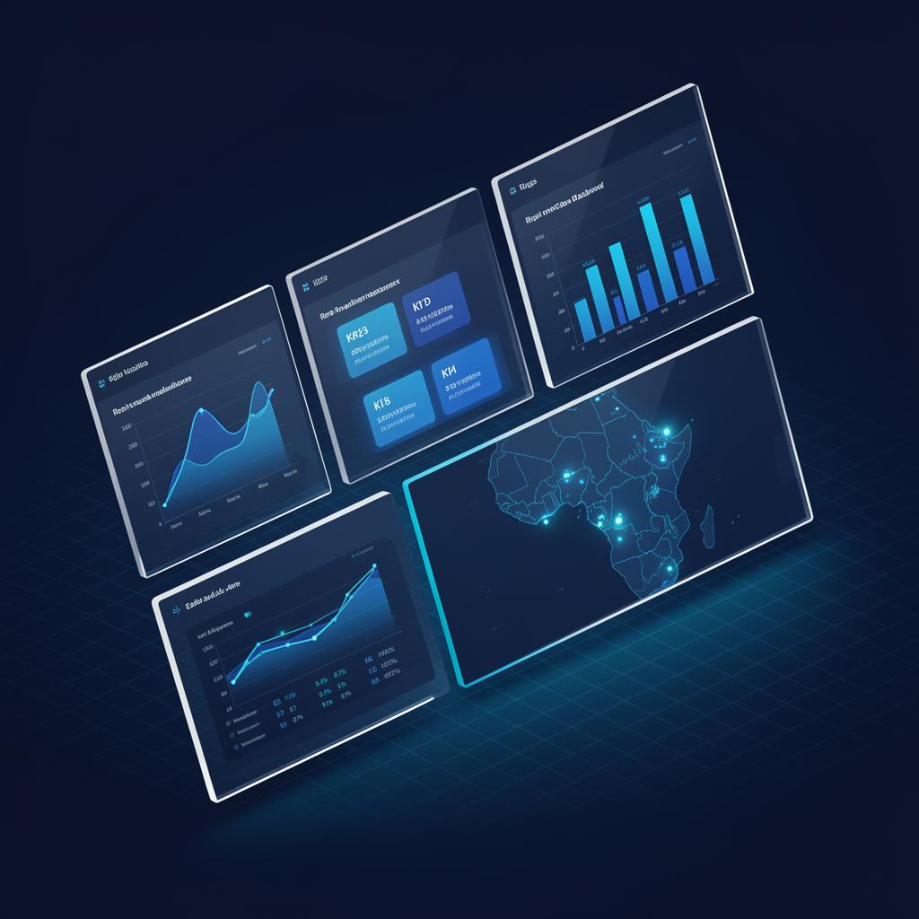 NovaCore Digital Solutions enterprise analytics dashboard with KPI tiles, trend charts, and an East Africa coverage map